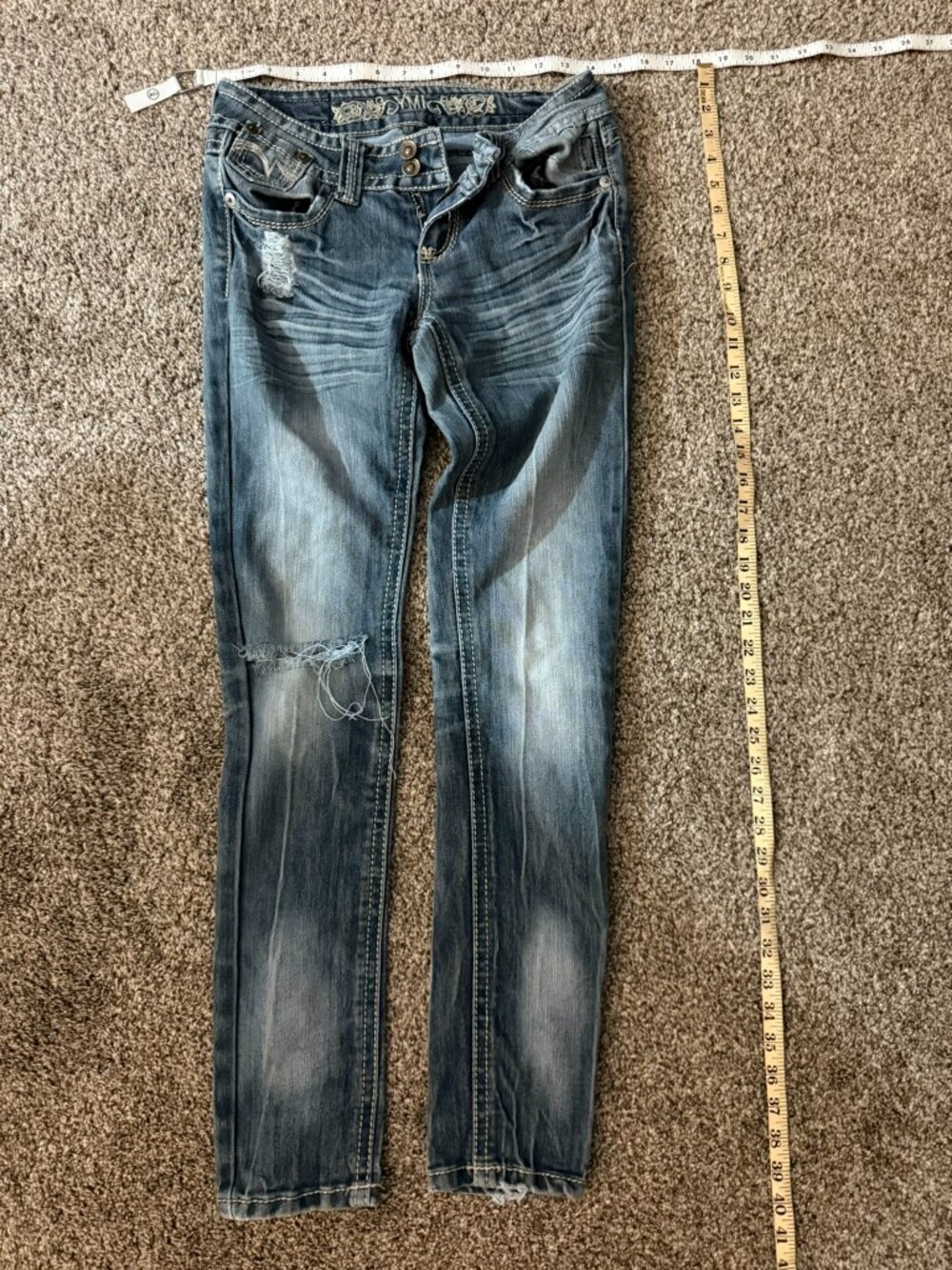 YMI Y2K Low Rise Bootcut Jeans Distressed Embroidered Flap Pocket Juniors Size 1